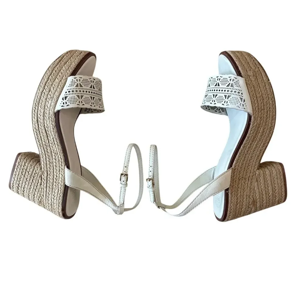 Tory Burch Roselle‎ Platform Espadrille Wedges White Leather 10